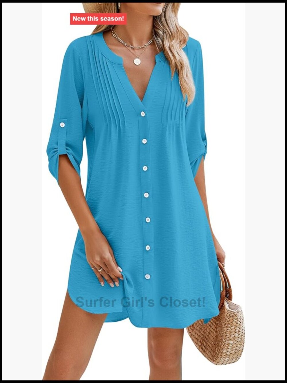V Neck Button Down Swimsuit Cover Up with Pleated Detail and Tie Half Sleeve